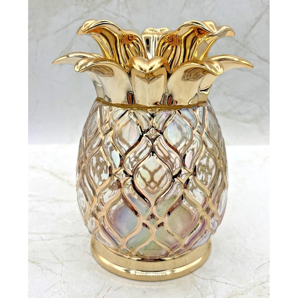 Bath & Body Works Glass Pineapple 3-Wick‎ Candle Holder Pedestal Gold Iridescent